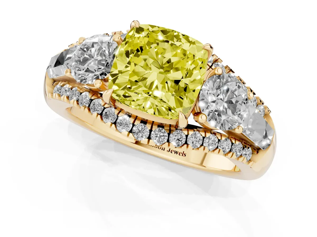 Fancy Yellow Three-Stone Cushion Cut Diamond Engagement Ring with Pave Band and Prong Setting Yellow gold
