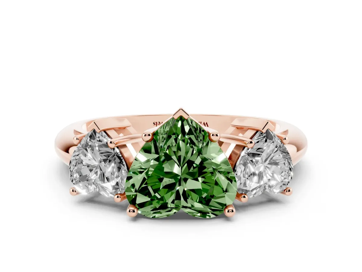 Fancy Green Three-Stone Heart Cut Cut Diamond Engagement Ring with Prong Setting on a White Gold Band Rose gold