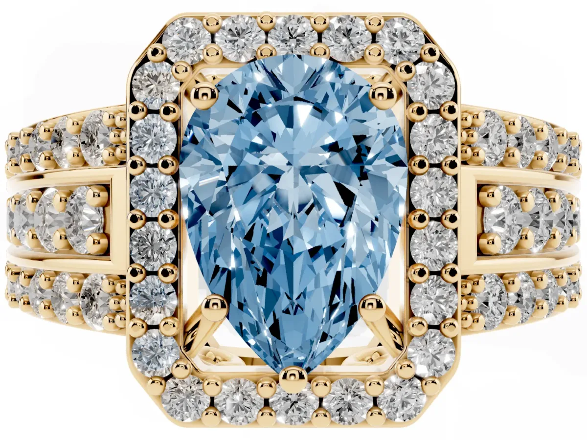 Fancy Blue Pear Cut Halo Diamond Ring with Round Split Shank and Prong Setting Yellow gold