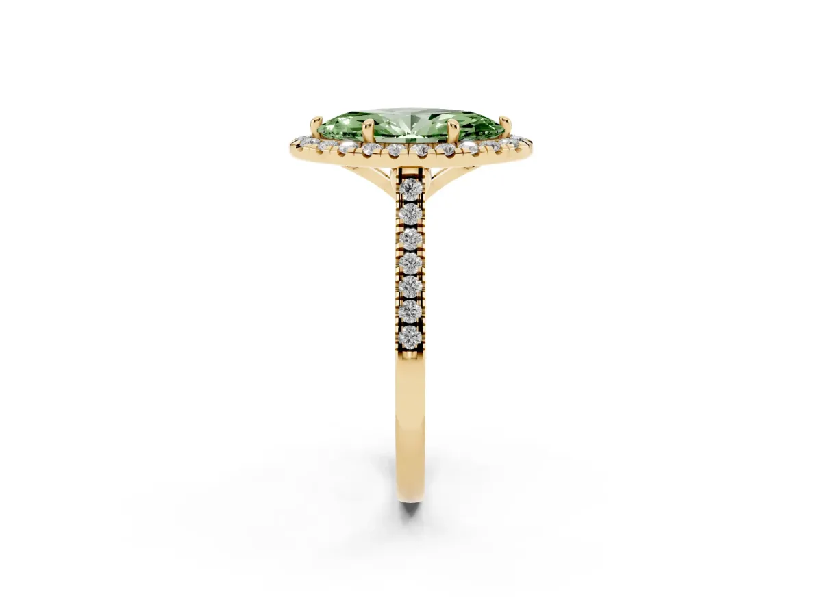 Fancy Green Marquise Cut Diamond Cushion Halo Ring with Pavé Band Yellow gold