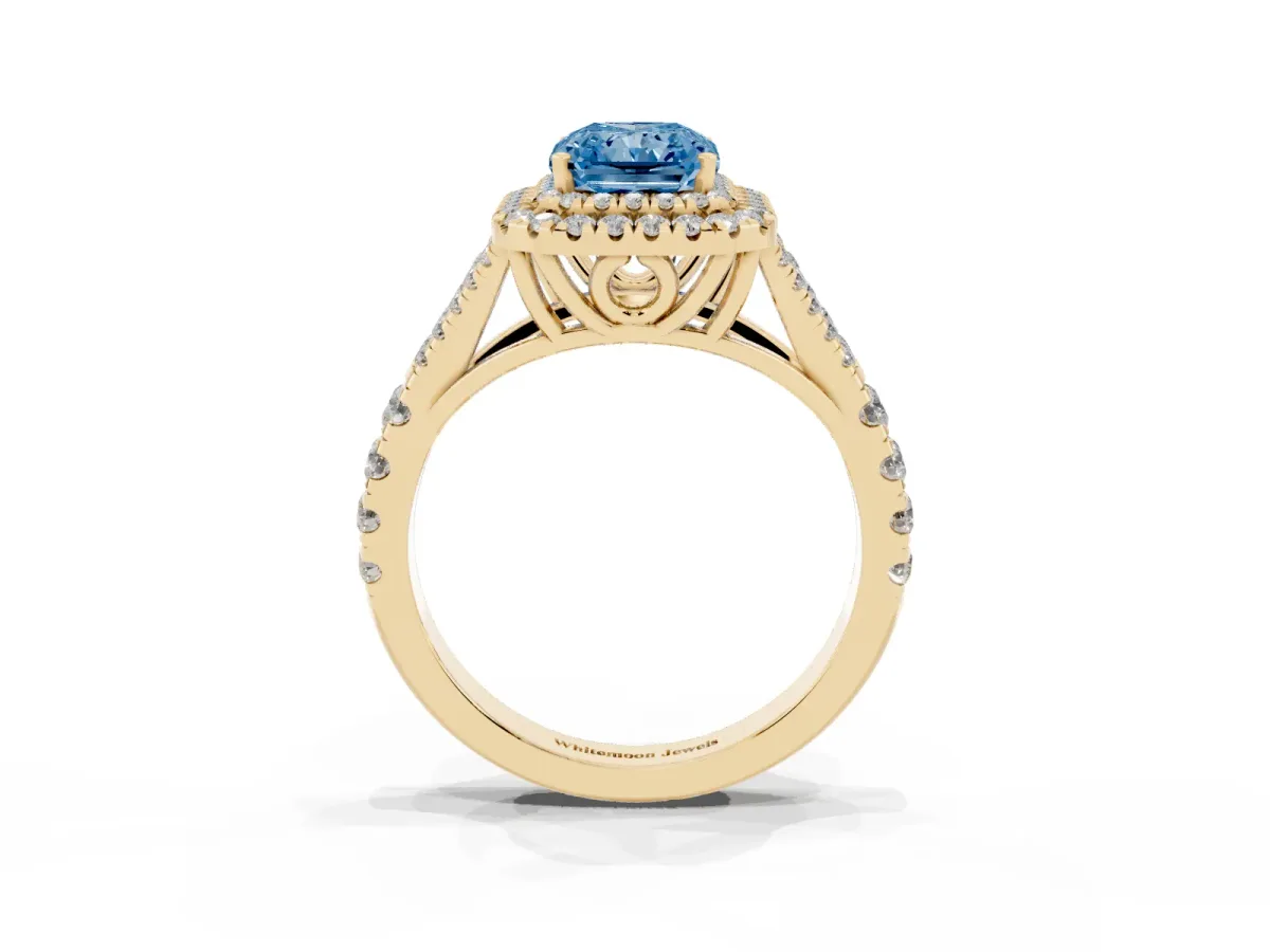 Fancy Blue Radiant Cut Diamond Pavé Split Shank Double Halo Engagement Ring Yellow gold