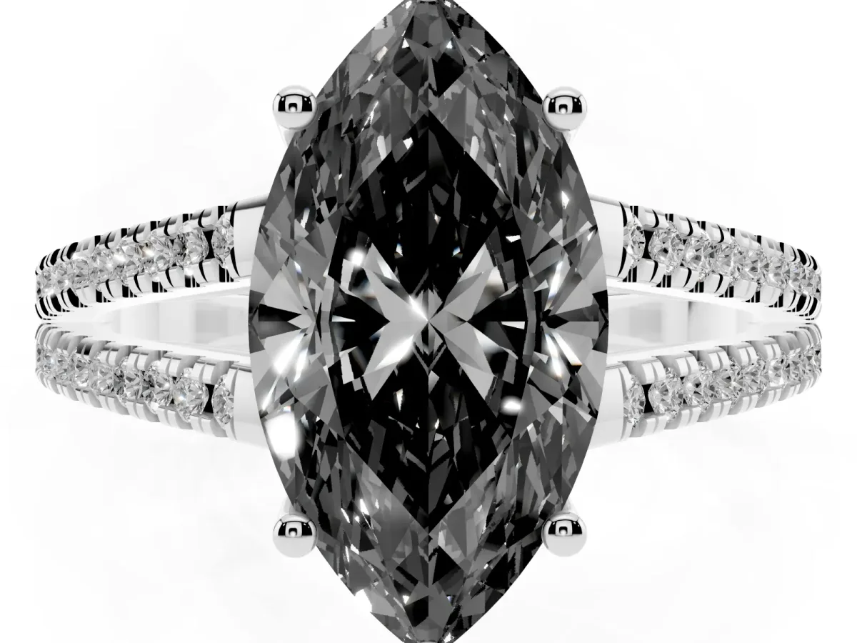 Fancy Black Marquise Cut Diamond Solitaire Engagement Ring with Split Shank Pavé Band Silver