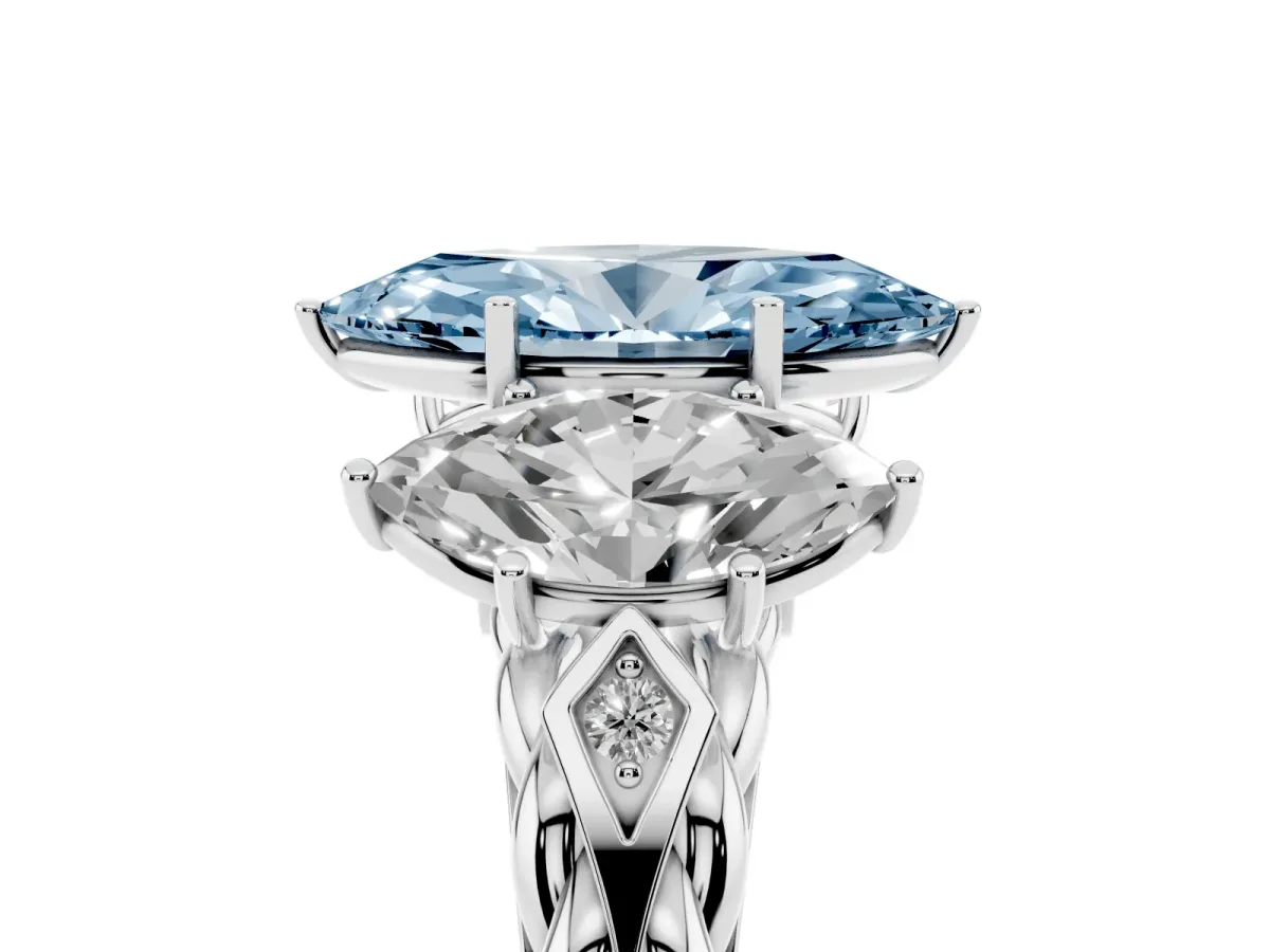 Fancy Blue Three-Stone Marquise Cut Diamond Braided Band Ring with Four-Prong Setting Platinum