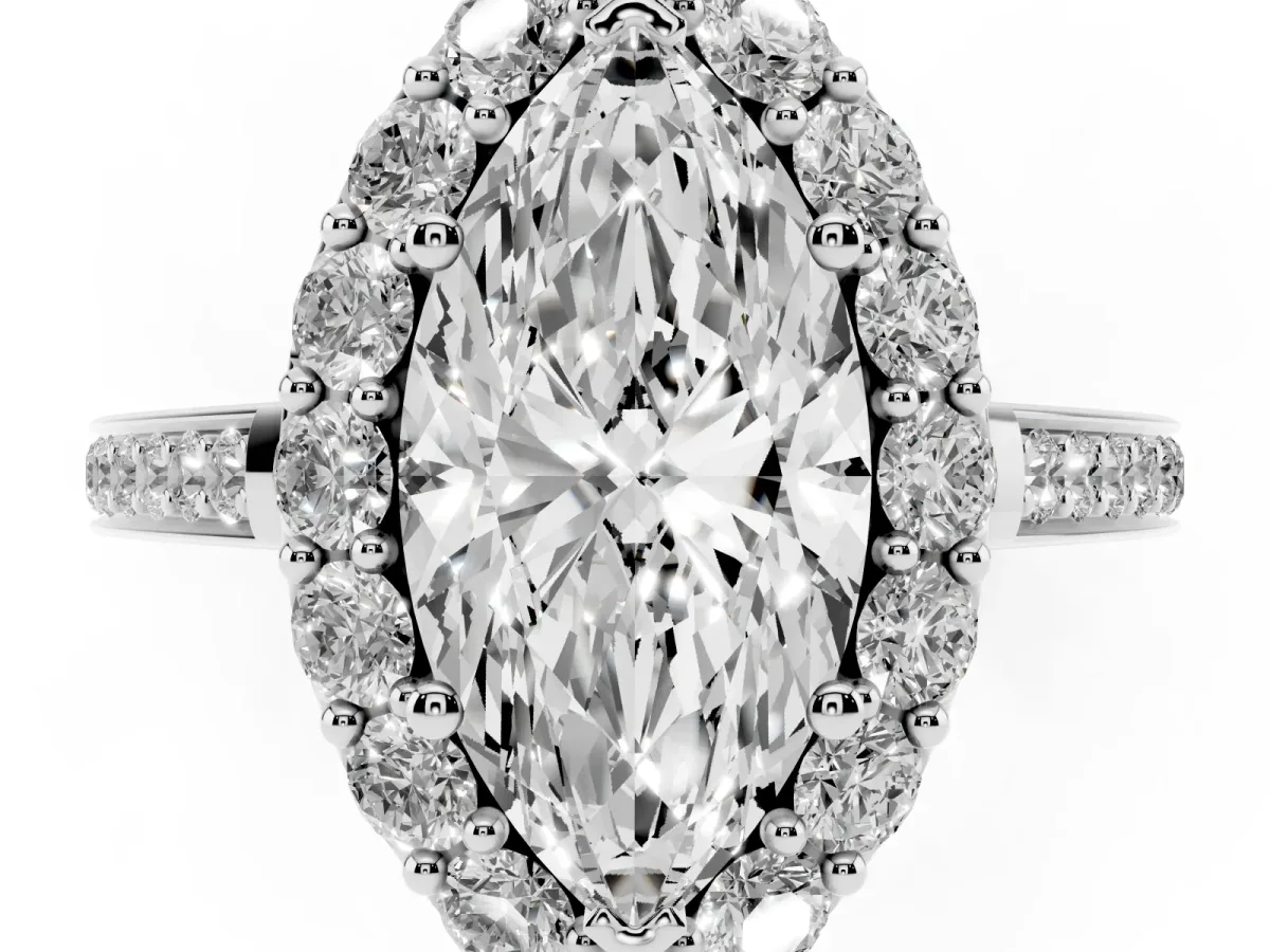 Marquise Cut Diamond Floral Halo Ring with Pavé Band and Prong Setting Platinum