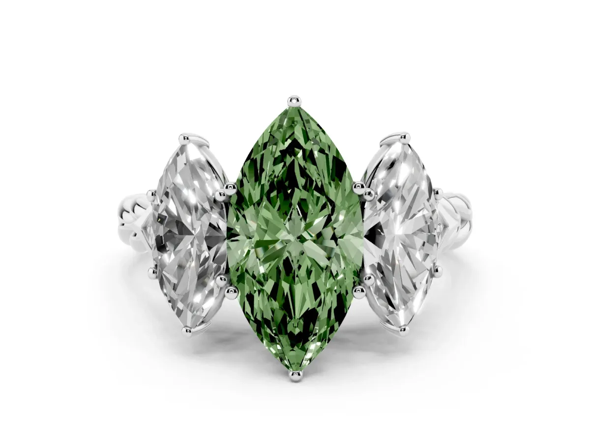 Fancy Green Three-Stone Marquise Cut Diamond Braided Band Ring with Four-Prong Setting Silver