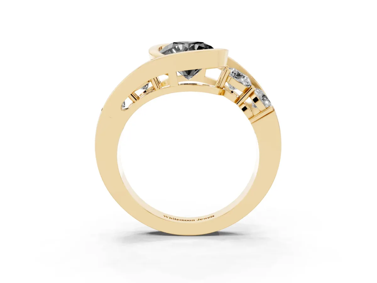 Fancy Black Bezel Set Round Cut Diamond Bypass Ring with Round Accents Yellow gold
