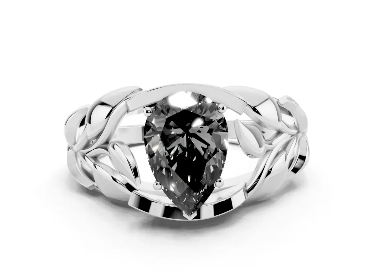 Fancy Black Pear Cut Diamond Leaf-Inspired Engagement Ring with Round Accents and Prong Setting Silver