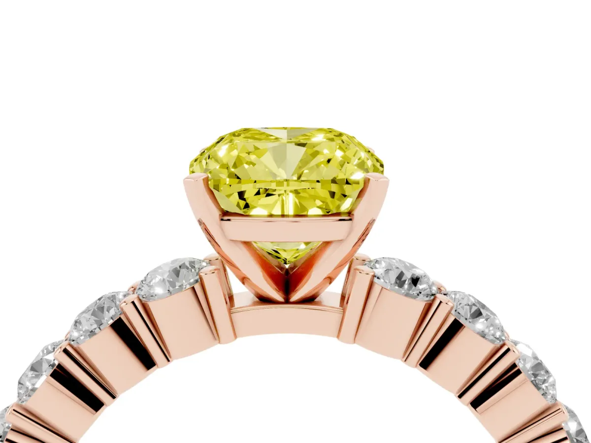Fancy Yellow Cushion Cut Diamond Solitaire Ring with Shared Prong Round Side Stones Rose gold