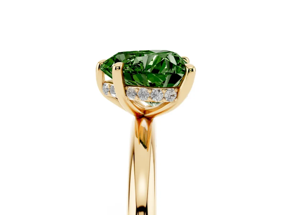 Fancy Green Heart Cut Diamond Solitaire Ring with Thin Band and Four-Prong Setting Yellow gold