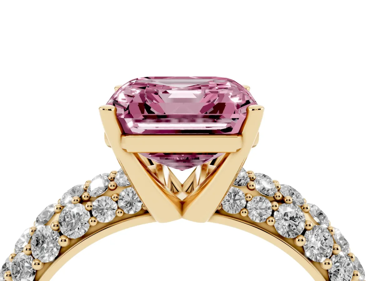 Fancy Pink Asscher Cut Diamond Pavé Band Solitaire Ring with Four-Prong Setting Yellow gold