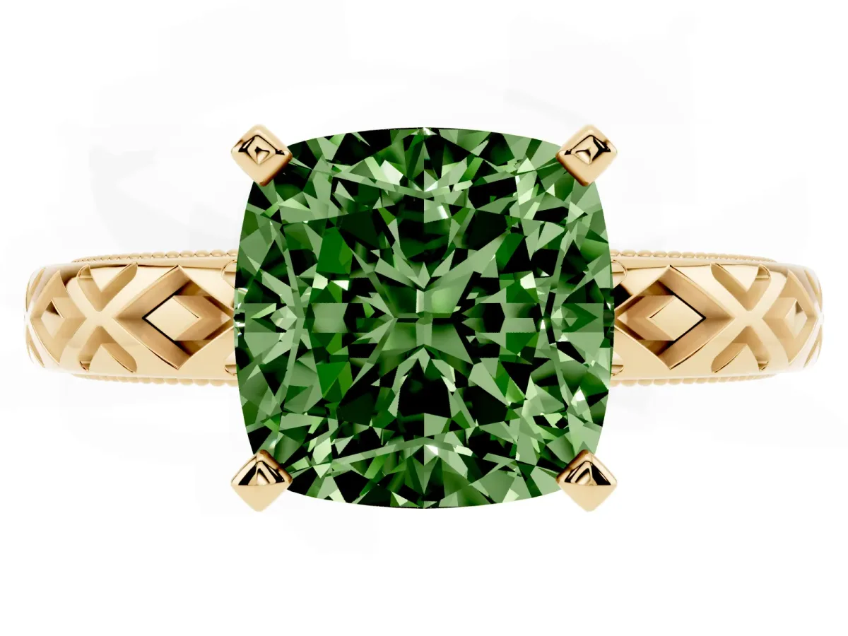 Fancy Green Cushion Cut Solitaire Diamond Ring with Milgrain and Black Enamel X Pattern Band Yellow gold