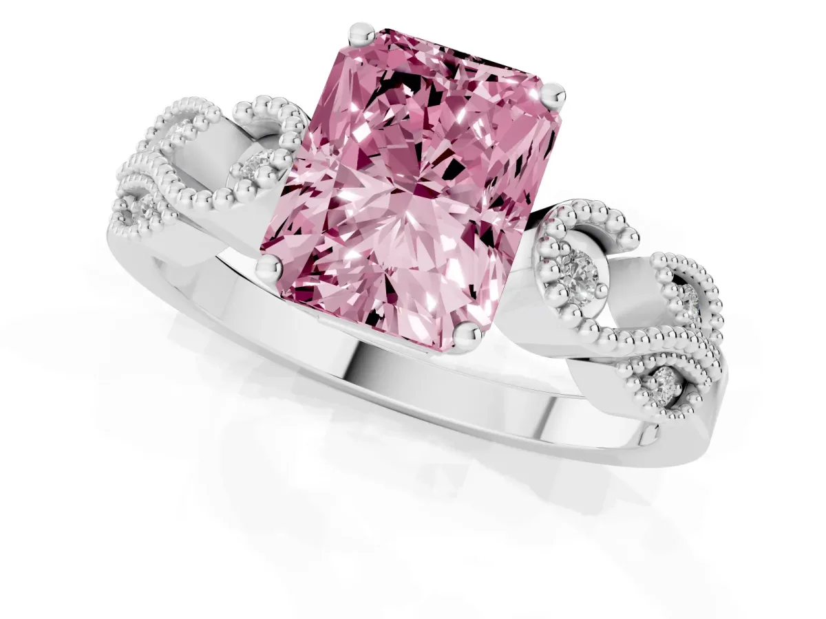Fancy Pink Princess Cut Solitaire Milgrain Leaf Band with Prong Setting Silver