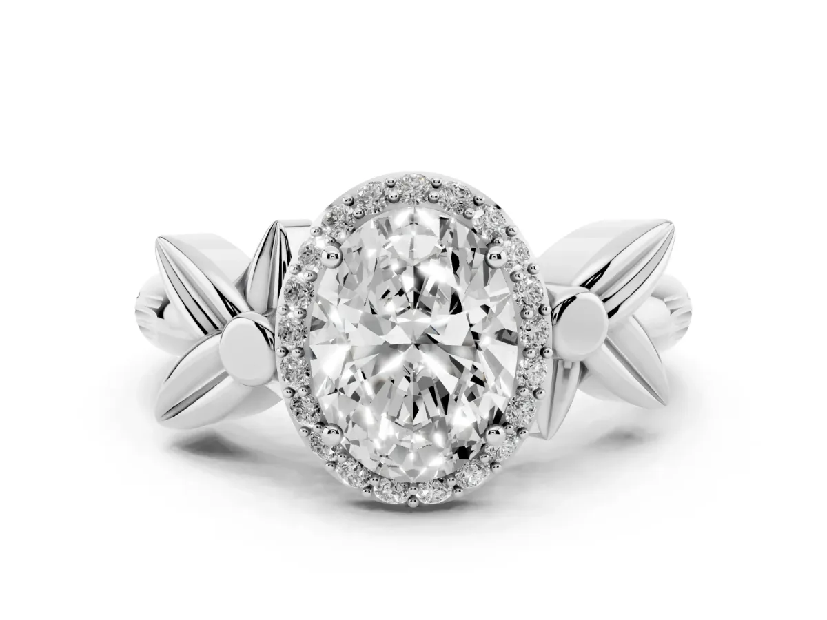Oval Cut Halo Diamond Floral Band with Four-Prong Setting Silver
