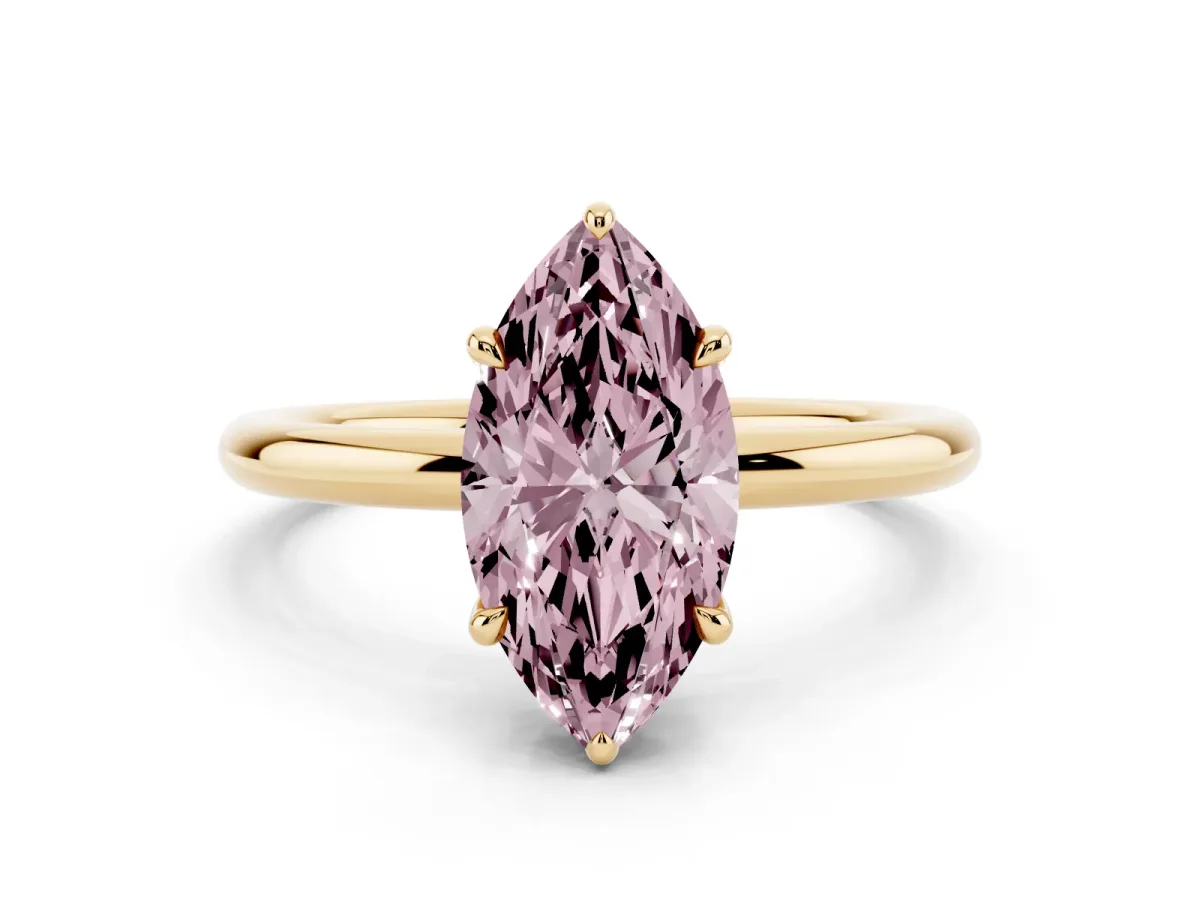 Fancy Pink Marquise Cut Diamond Solitaire Ring with Thin Band and Four-Prong Setting Yellow gold