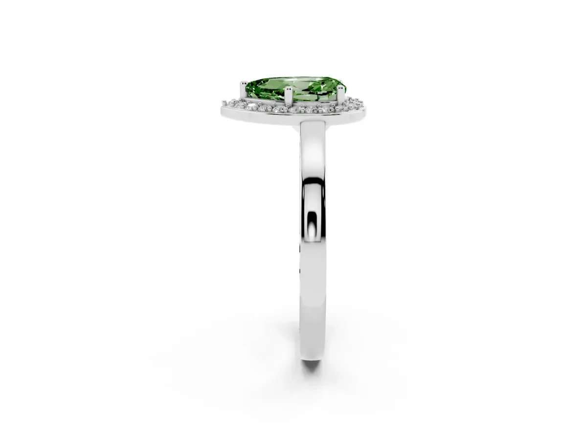 Fancy Green Pear Cut Halo Diamond Ring with Solitaire Band and Prong Setting Silver
