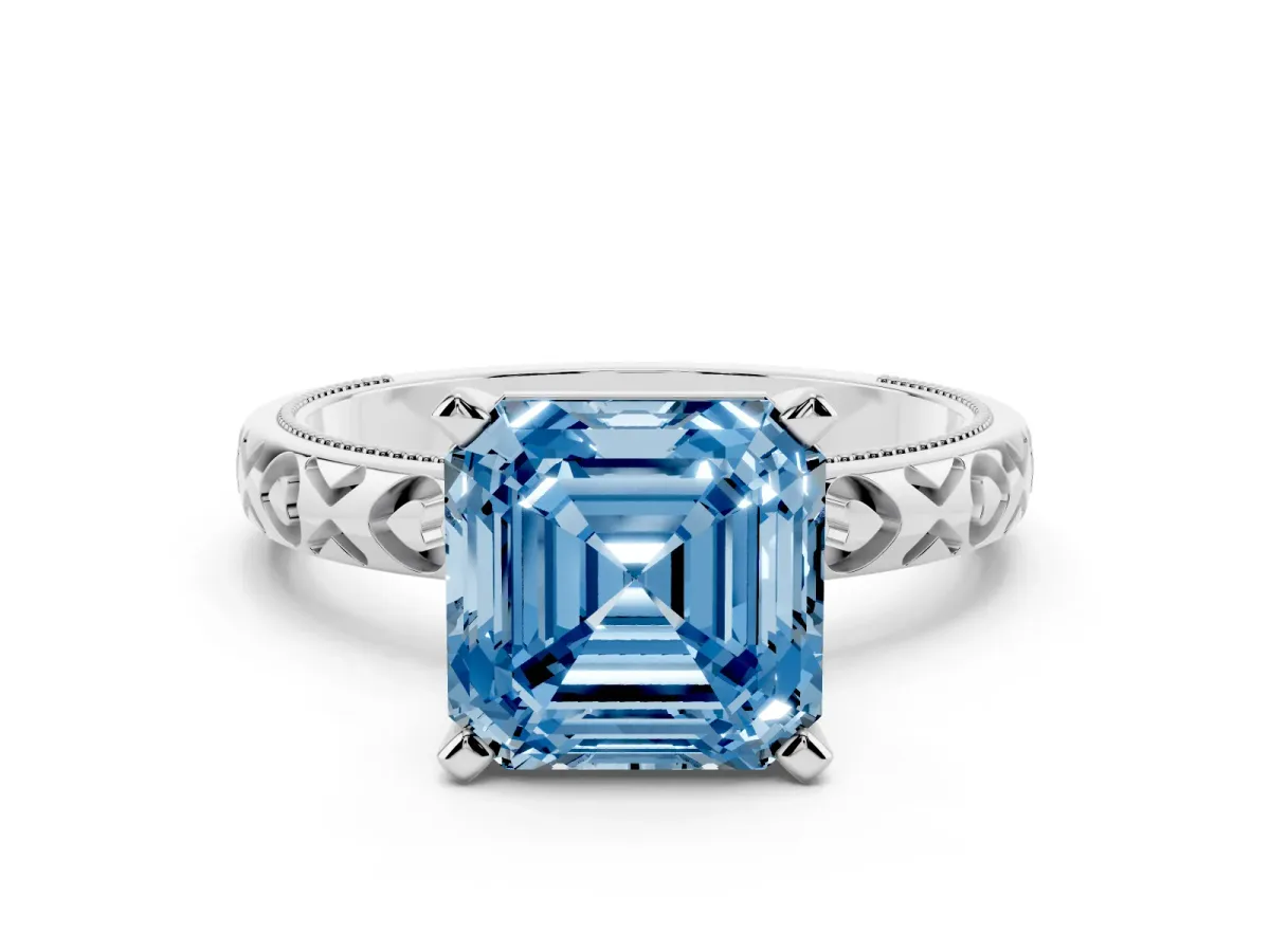 Fancy Blue Asscher Cut Solitaire Diamond Engagement Ring with XO Engraved Band and Four-Prong Setting Silver