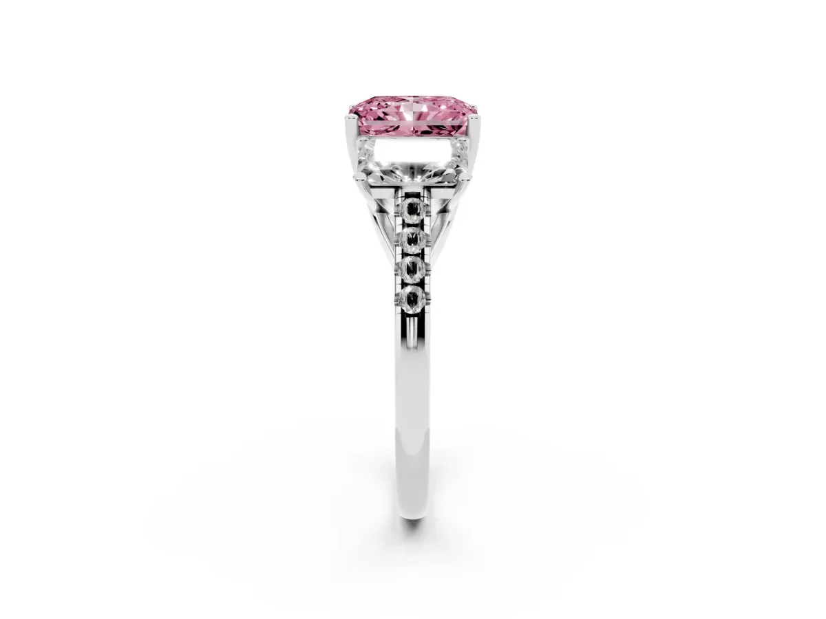 Fancy Pink Three-Stone Radiant Cut Diamond Ring with Round Pavé Band and Prong Setting Silver