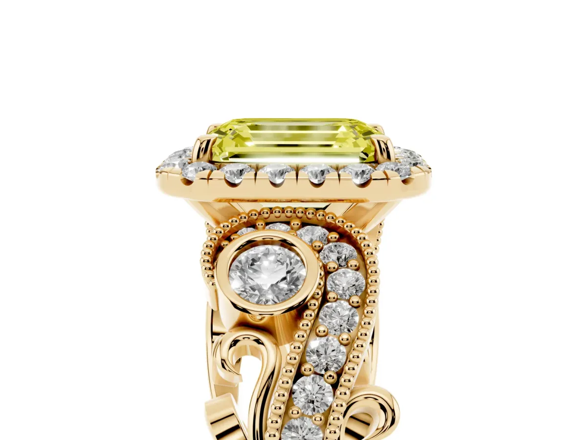 Fancy Yellow Emerald Cut Diamond Halo Ring with Milgrain Pavé Band and Four-Prong Setting Yellow gold