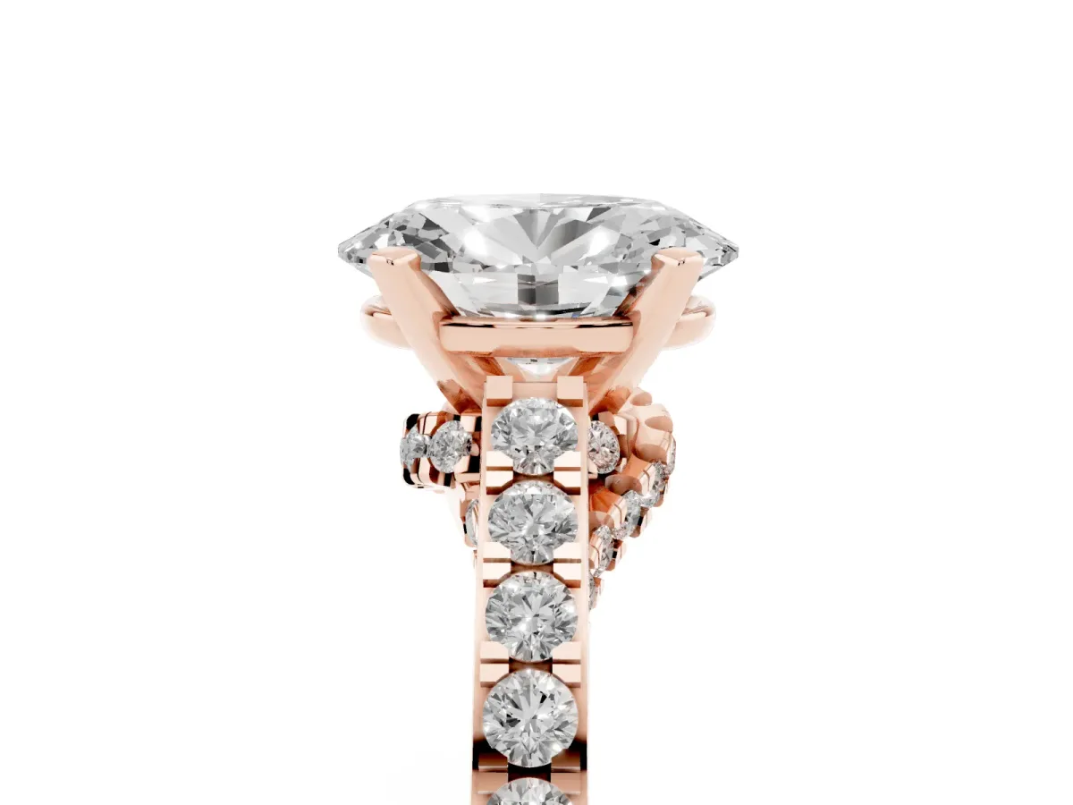 Oval Cut Diamond Solitaire Ring with Crossover Gallery and Round Pavé Band Rose gold