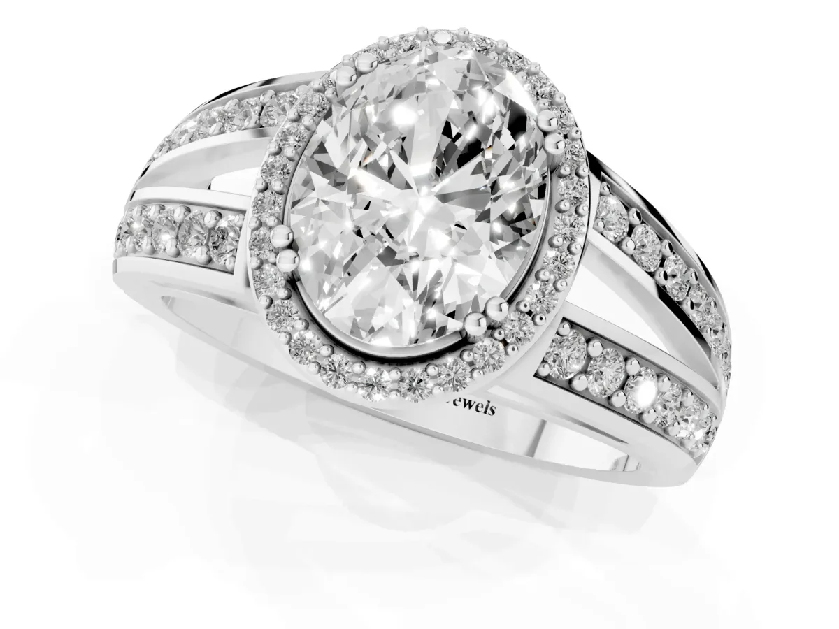Oval Cut Diamond Halo Ring with Split Shank Pavé Band and Four-Prong Setting Silver