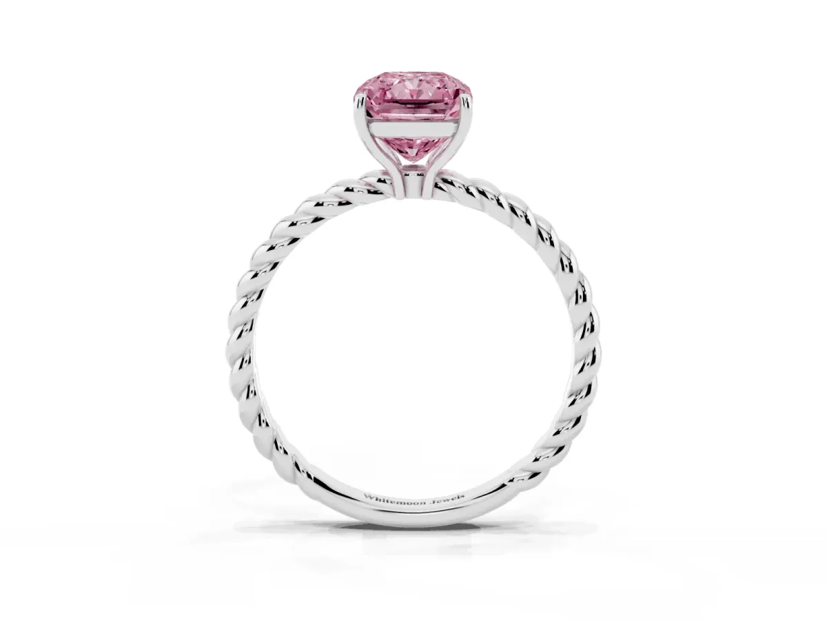 Fancy Pink Radiant Cut Solitaire Twist Band Ring with Four-Prong Setting Platinum