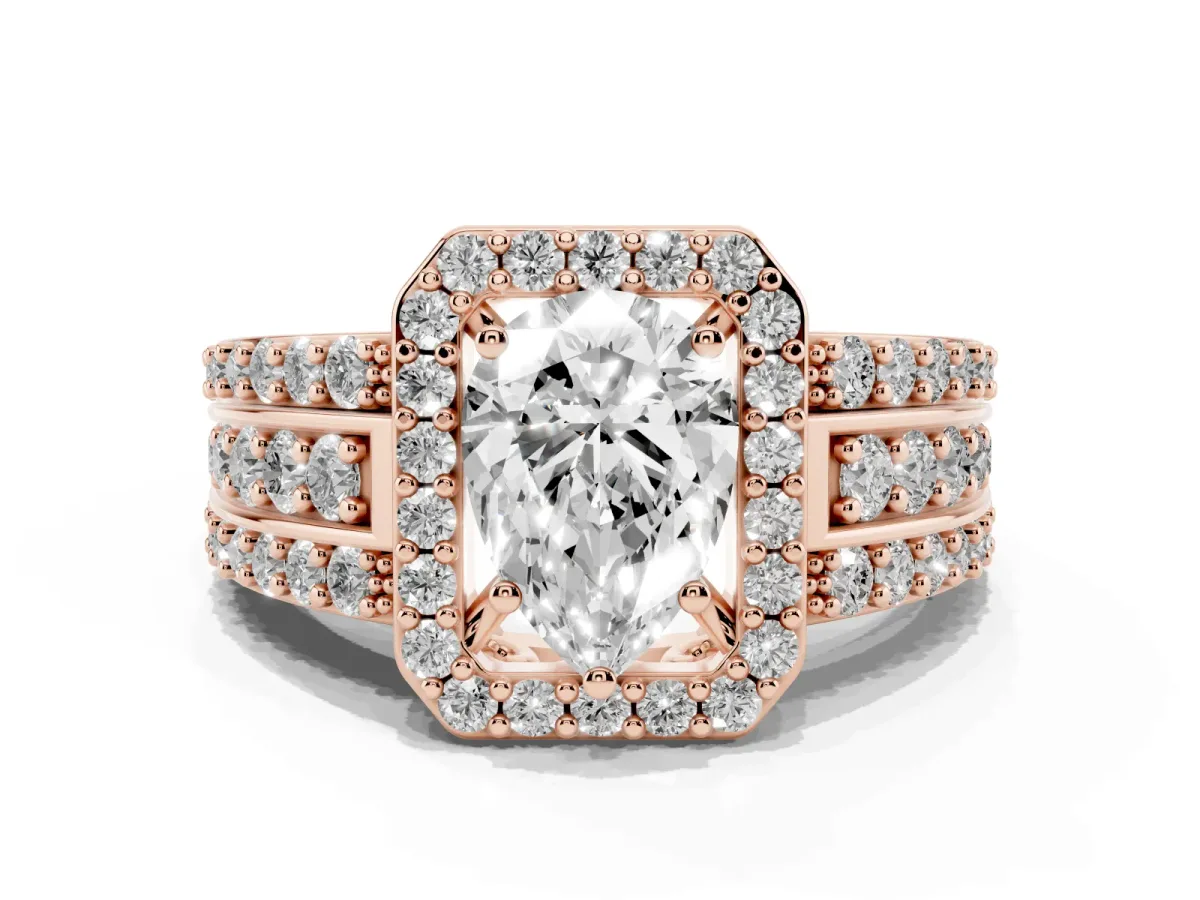 Pear Cut Halo Diamond Ring with Round Split Shank and Prong Setting Rose gold