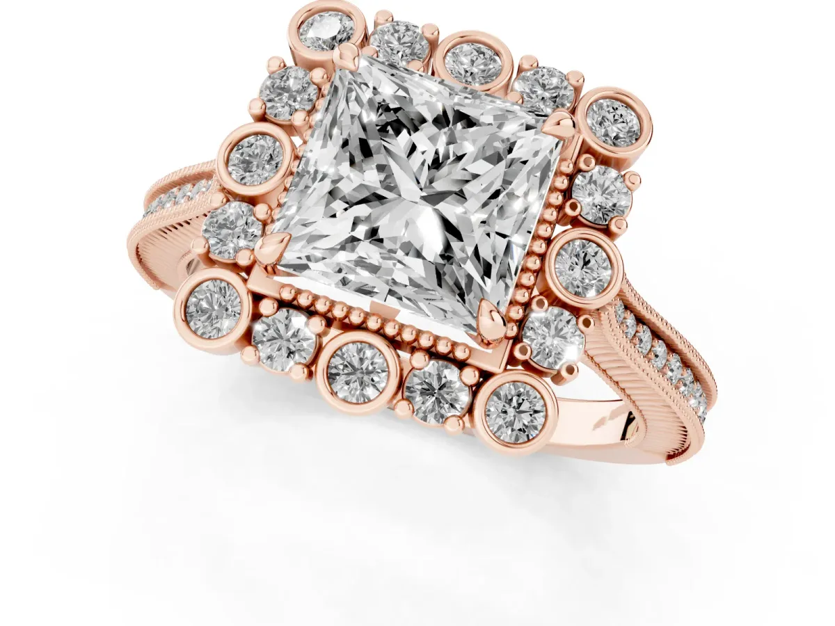 Princess Cut Halo Milgrain Pave Diamond Ring with Four-Prong Setting Rose gold