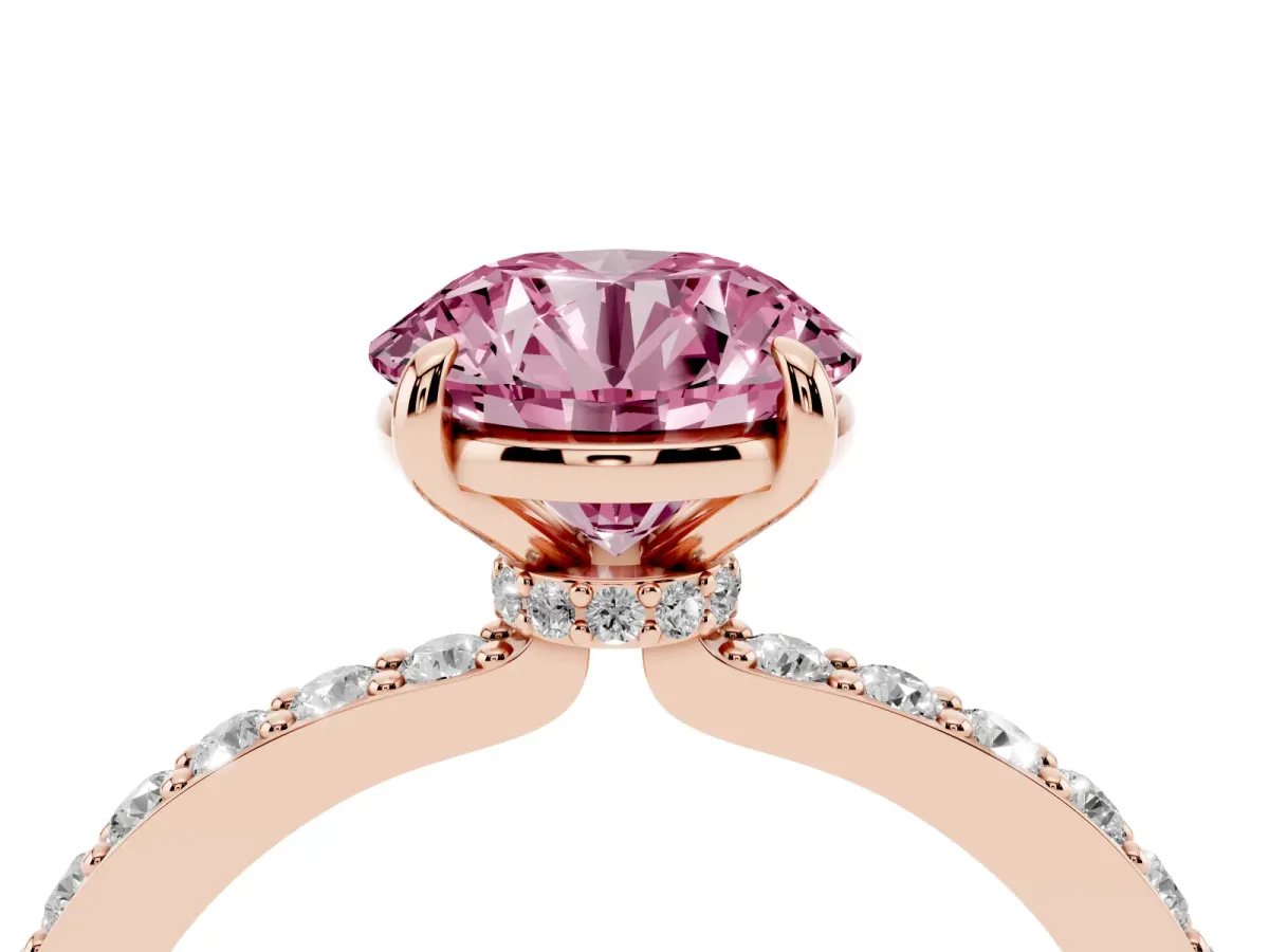 Fancy Pink Round Cut Diamond Pavé Engagement Ring with Round Accents and Prong Setting Rose gold