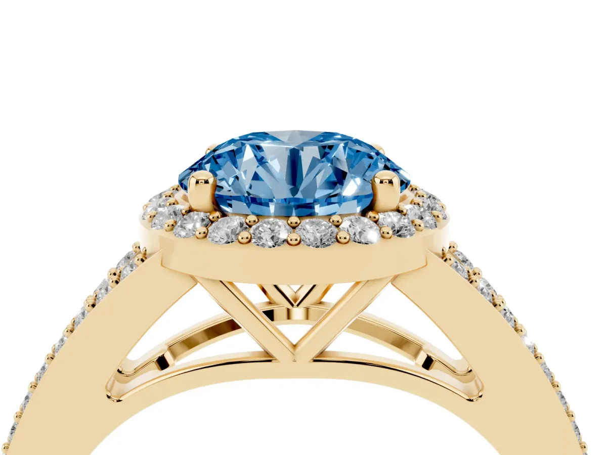 Fancy Blue Round Cut Halo Split Shank Pave Diamond Ring with Four-Prong Setting Yellow gold