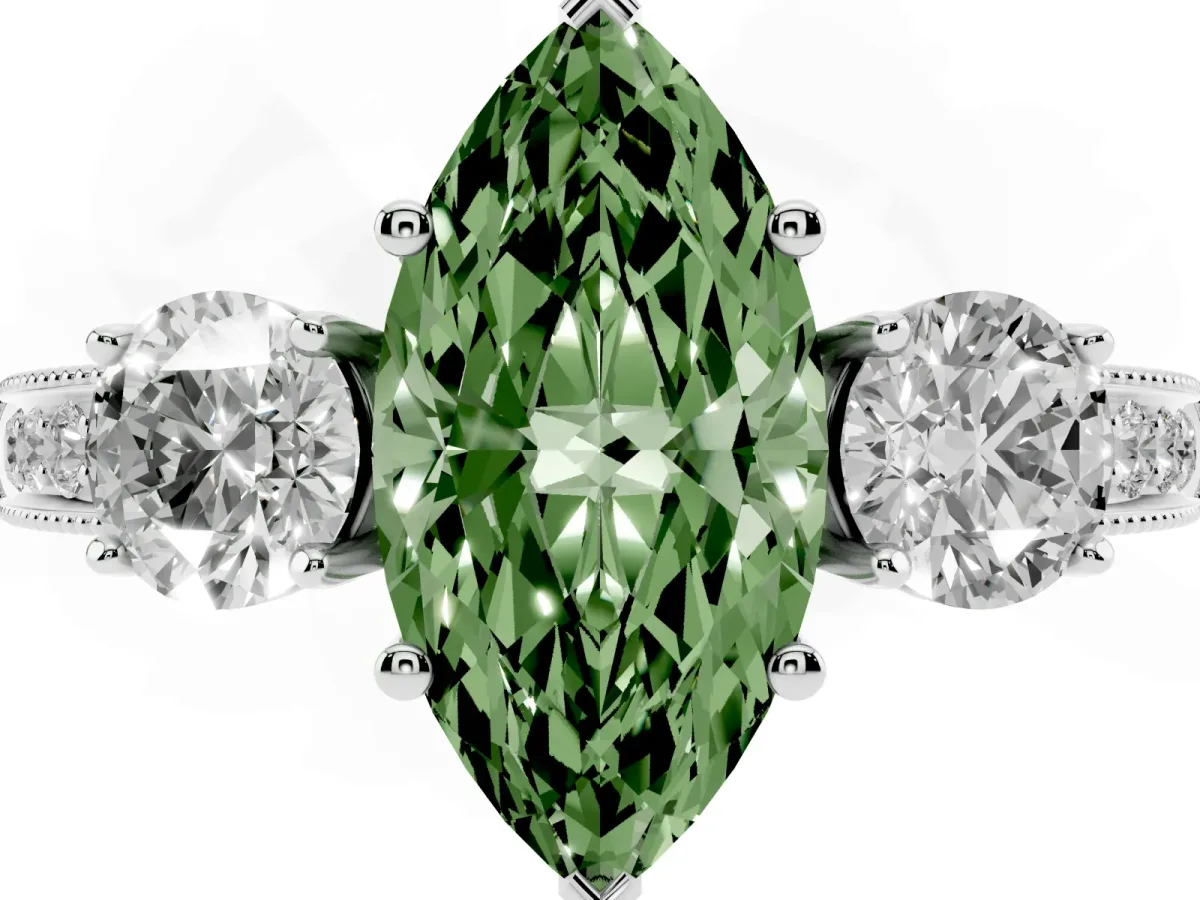 Fancy Green Marquise Cut Three-Stone Diamond Ring with Pavé Band and Four-Prong Setting Silver