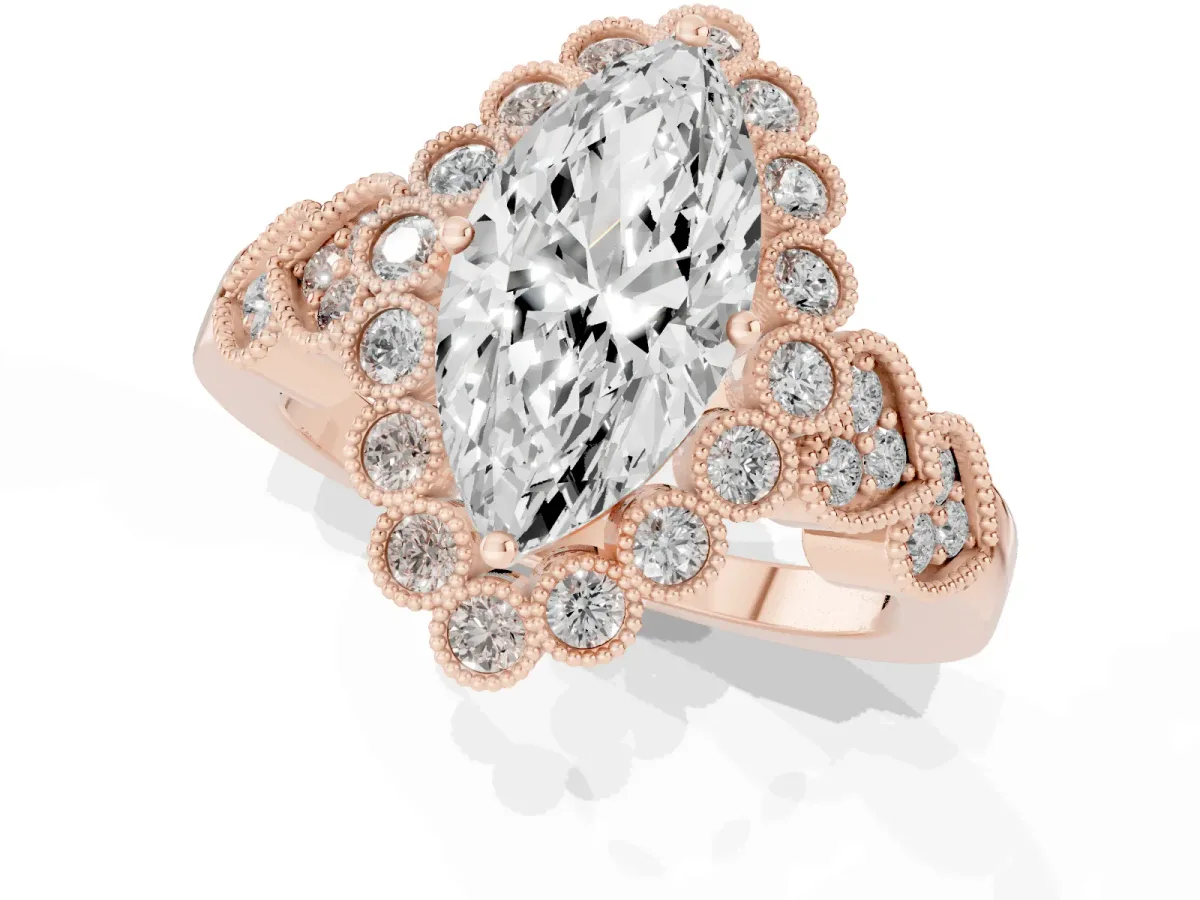 Marquise Cut Brilliant Milgrain Pave Heart Band Solitaire Ring Rose gold