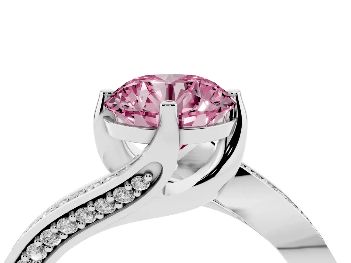 Fancy Pink Round Cut Solitaire Diamond Twist Band with Pavé Setting and Four-Prong Setting Silver