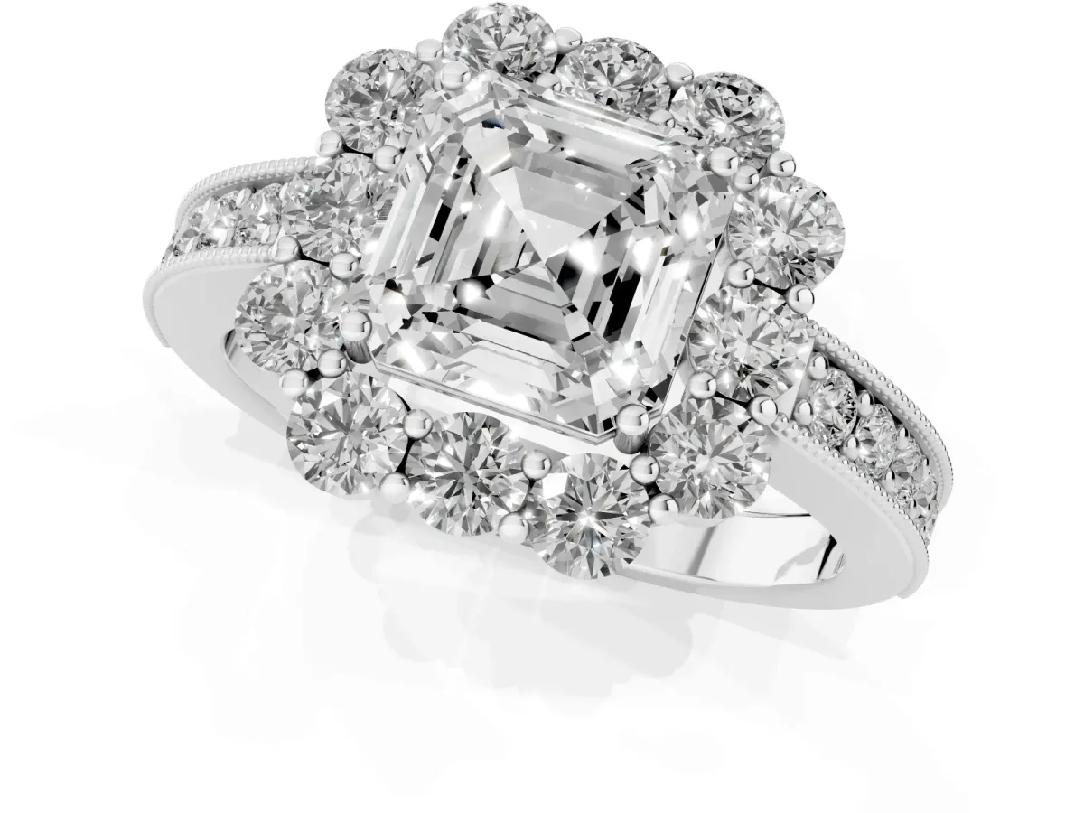 Asscher Cut Cut Halo Diamond Pavé Engagement Ring with Milgrain Detailing Platinum