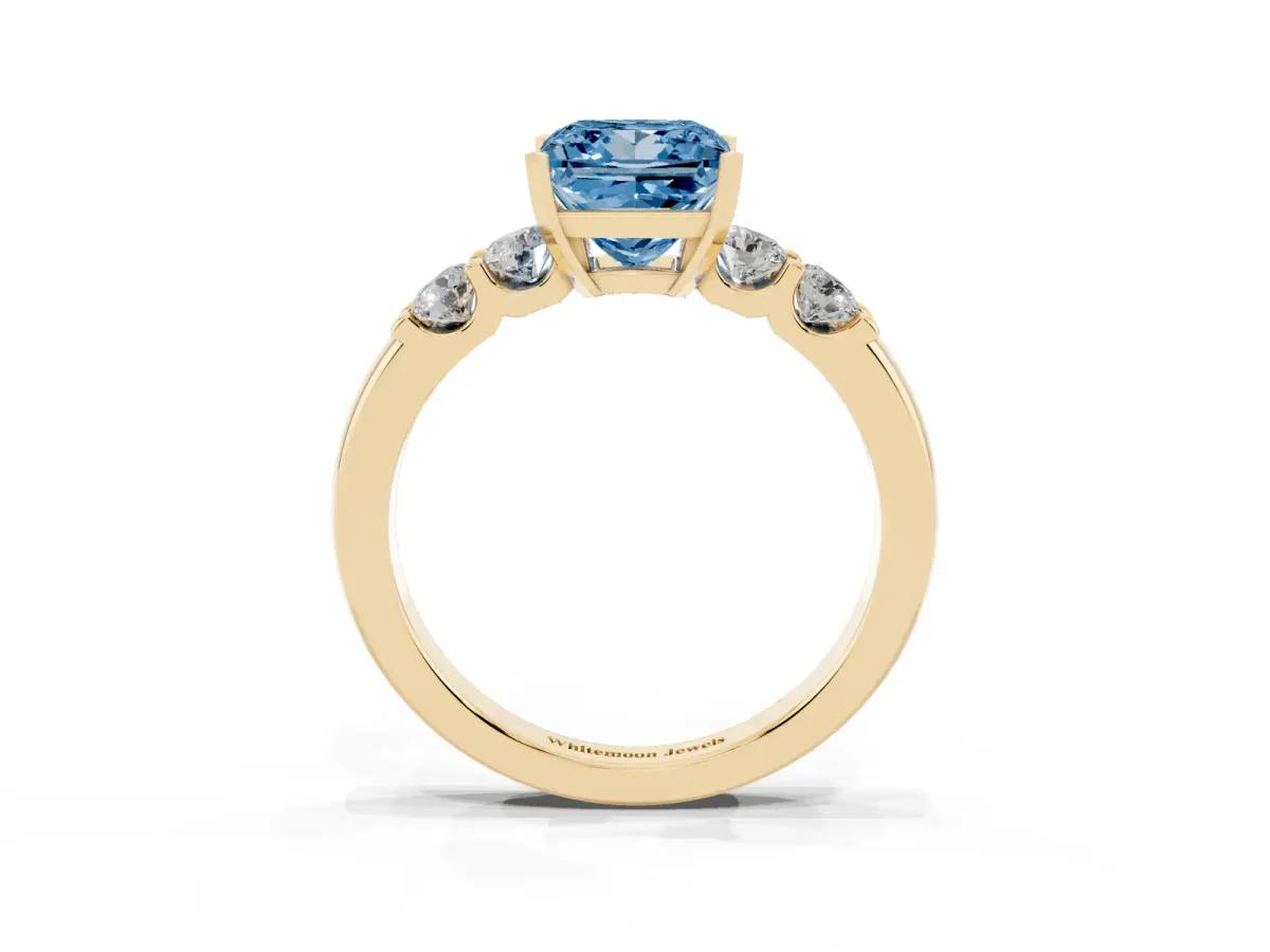 Fancy Blue Princess Cut Brilliant Cut Diamond Five-Stone Prong Set Engagement Ring with Channel Band Yellow gold