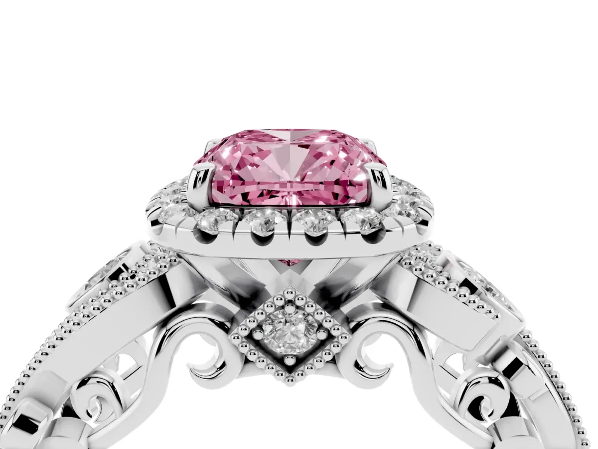 Fancy Pink Cushion Cut Diamond Halo Ring with Milgrain Pavé Band and Four-Prong Setting Silver