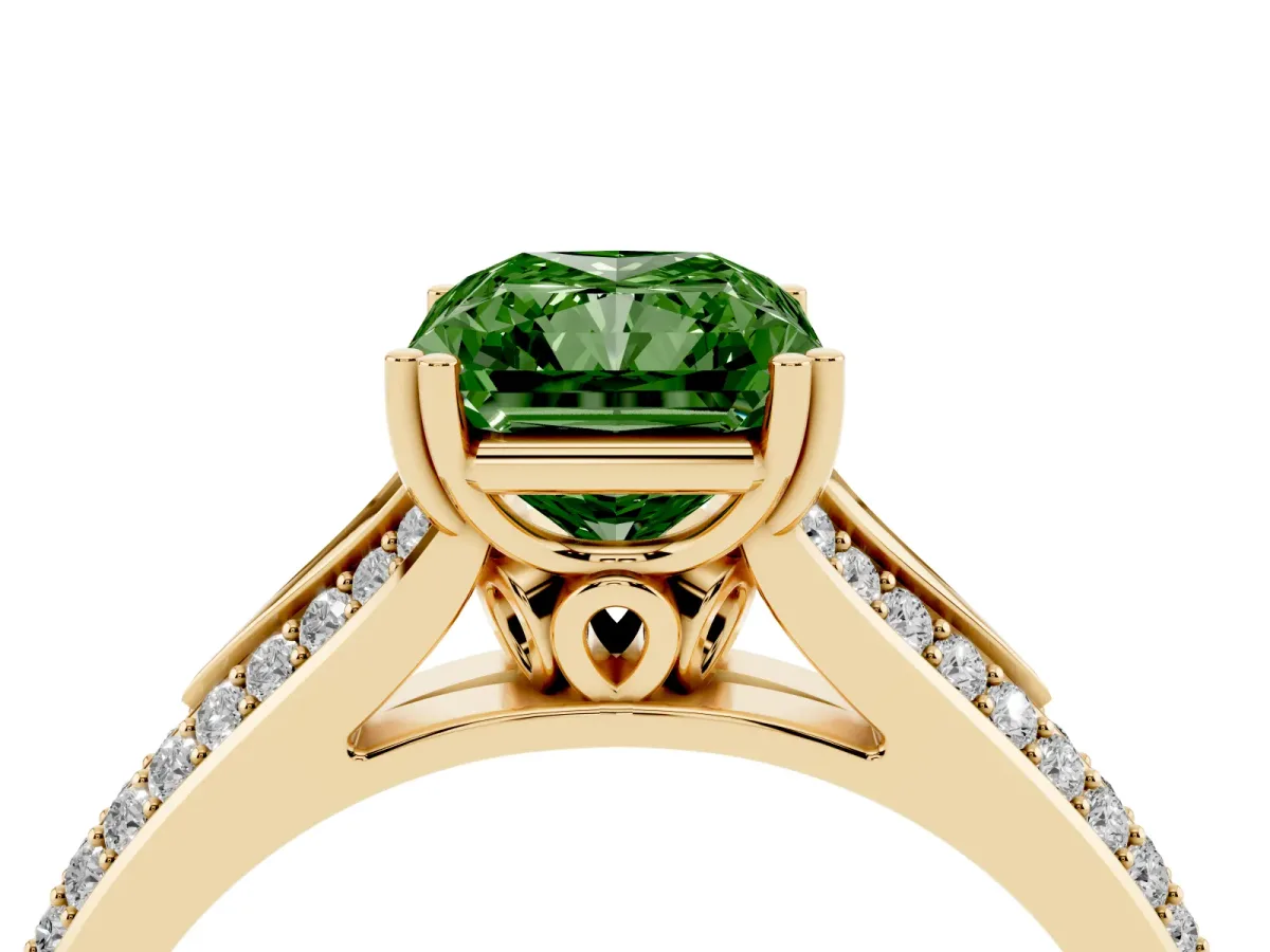 Fancy Green Radiant Cut Diamond Split Shank Engagement Ring with Pavé Band Yellow gold