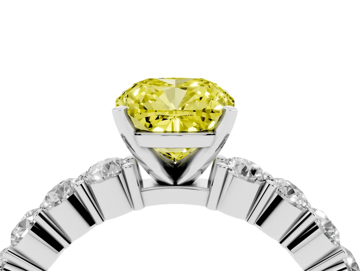 Fancy Yellow Cushion Cut Diamond Solitaire Ring with Shared Prong Round Side Stones Silver