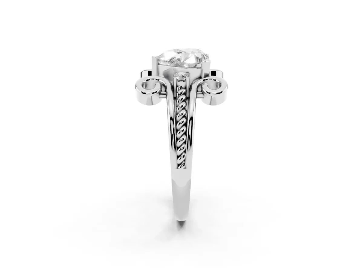 Heart Cut Solitaire Twisted Band Scroll Prong Ring Silver