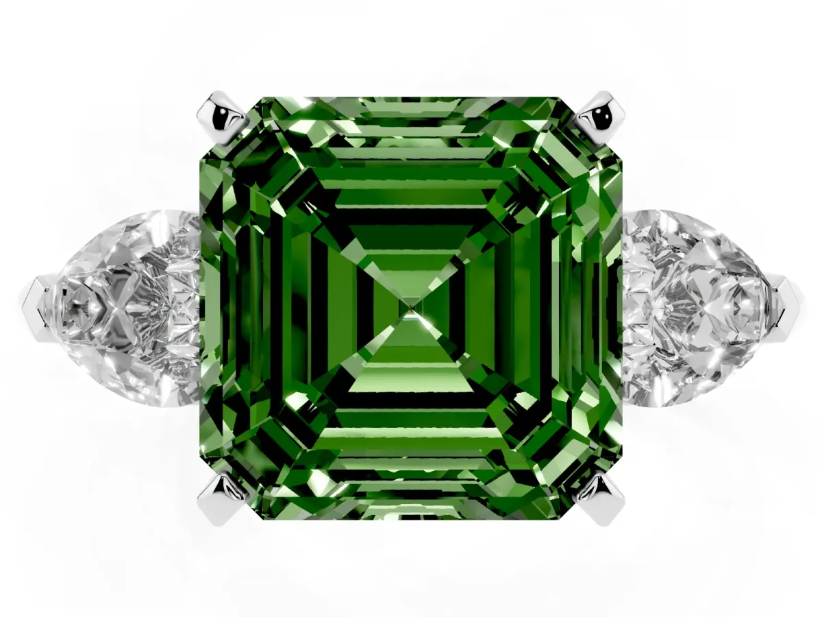 Fancy Green Three-Stone Asscher Cut Diamond Ring with Pear Side Stones and Four-Prong Setting Silver