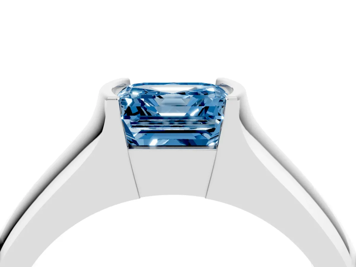 Fancy Blue Asscher Cut Solitaire Bezel Set Diamond Ring with Wide Band Silver