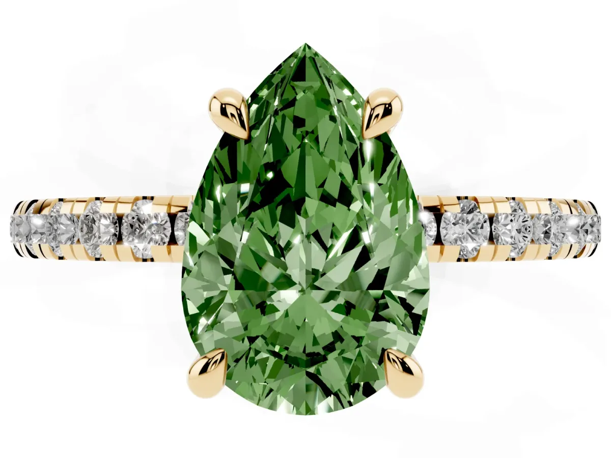 Fancy Green Pear Cut Diamond Brilliant Solitaire Ring with Pavé Band and Four-Prong Setting Yellow gold