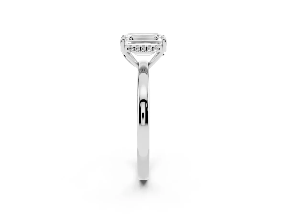 Emerald Cut Solitaire Diamond Ring with Prong Setting and Plain Band Silver