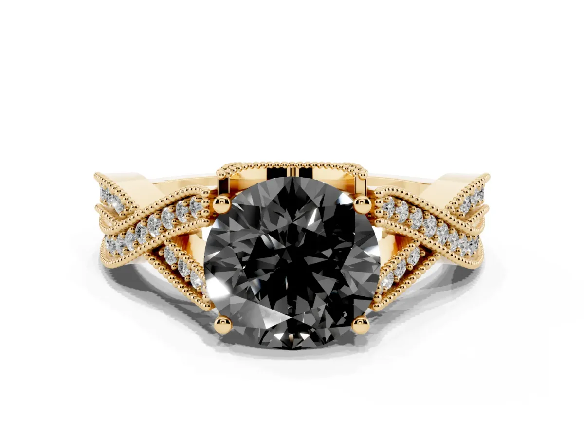 Fancy Black Round Cut Cut Diamond Twisted Band with Milgrain Pave Setting and Four-Prong Setting Yellow gold