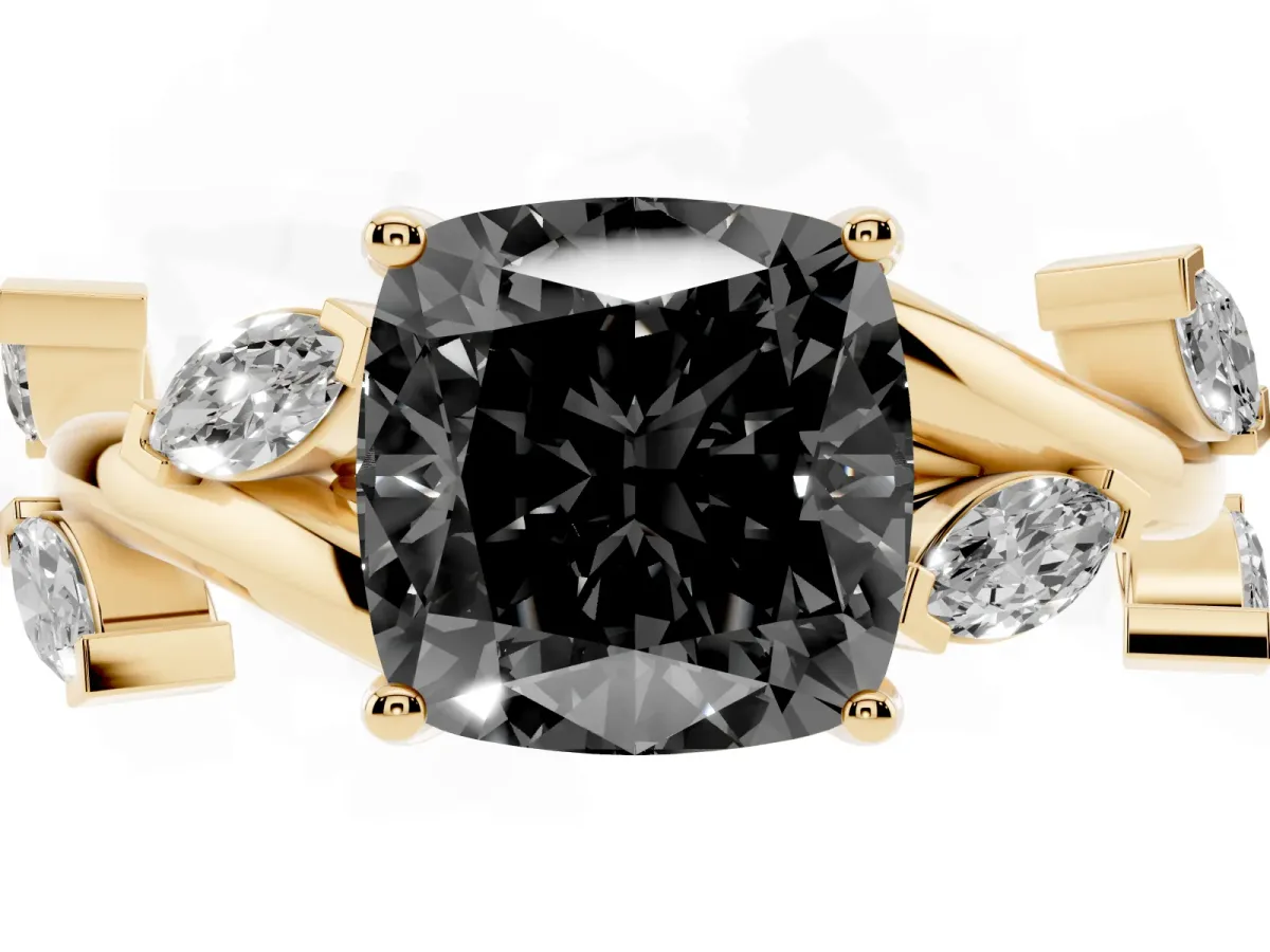 Fancy Black Cushion Cut Solitaire Twisted Band Marquise Accent Prong Setting Ring Yellow gold