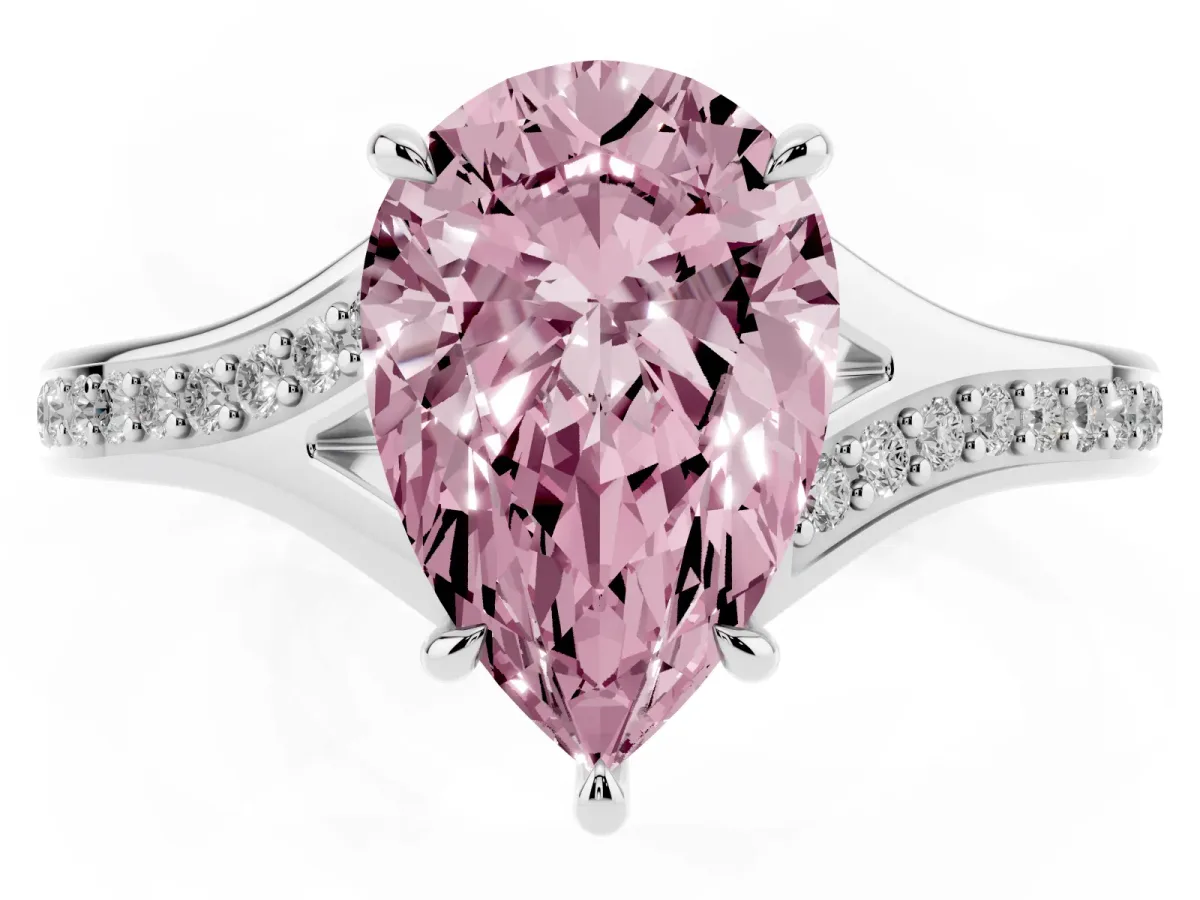 Fancy Pink Pear Cut Diamond Solitaire Ring with Pavé Band and Prong Setting Silver