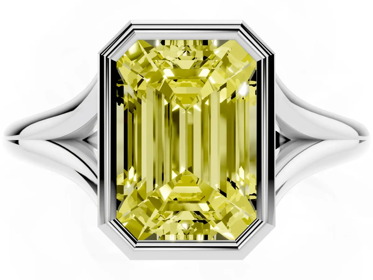 Fancy Yellow Bezel Set Emerald Cut Cut Solitaire Ring with Tapered Band Platinum