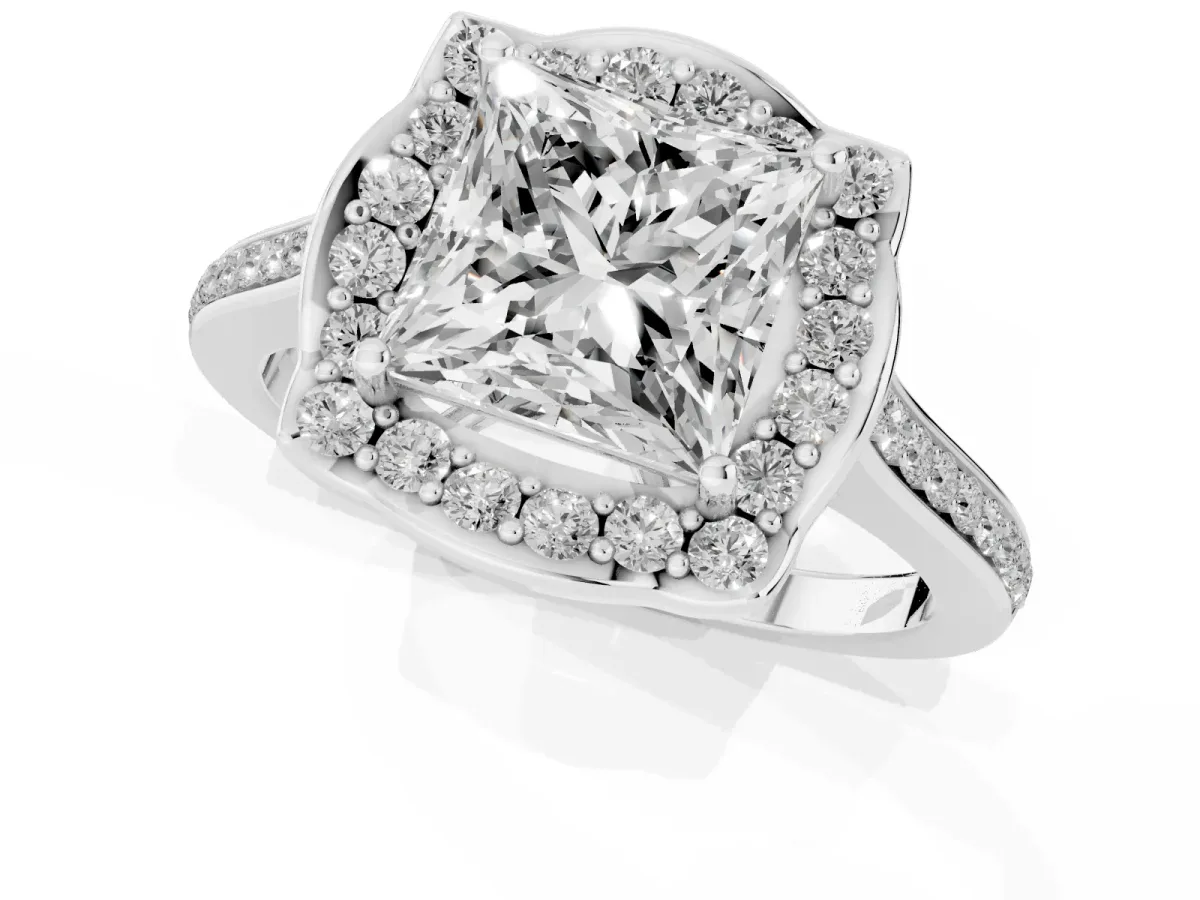 Princess Cut Halo Round Diamond Pave Band with Four-Prong Setting White gold