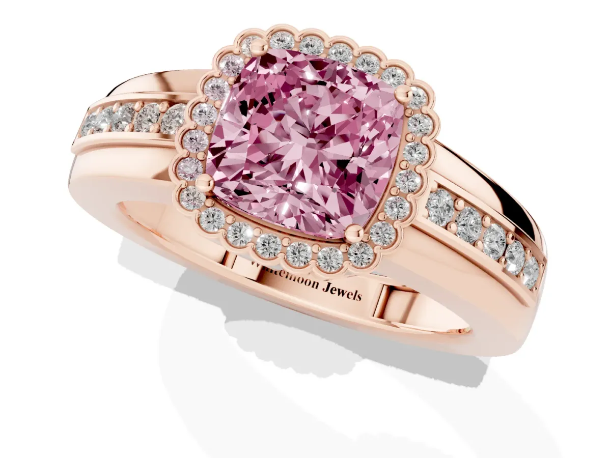 Fancy Pink Cushion Cut Cut Halo Pave Band Four-Prong Ring Rose gold