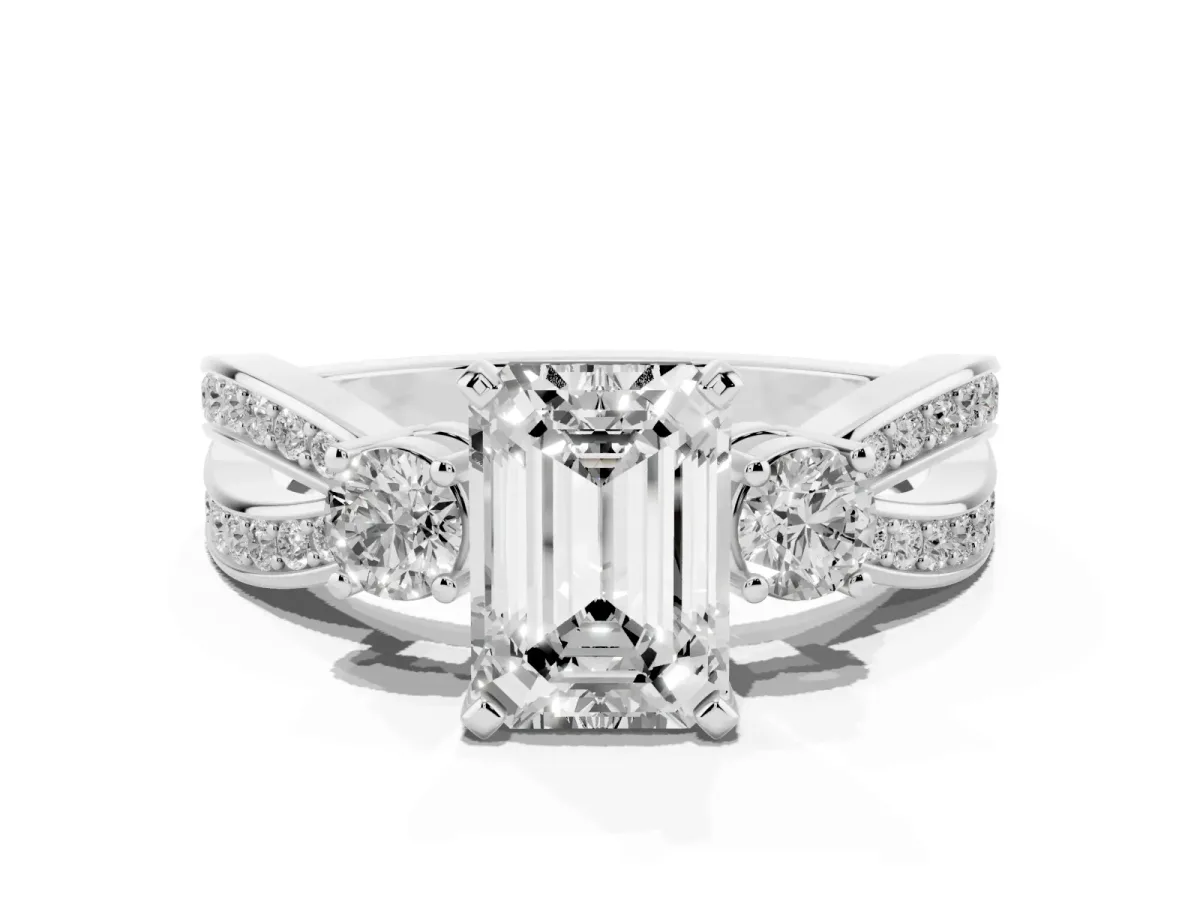 Three-Stone Emerald Cut Cut Diamond Twist Band with Prong Setting Silver