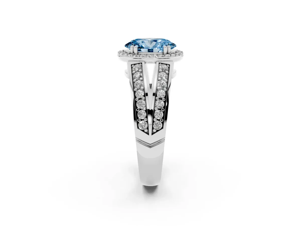 Fancy Blue Oval Cut Diamond Halo Ring with Split Shank Pavé Band and Four-Prong Setting White gold